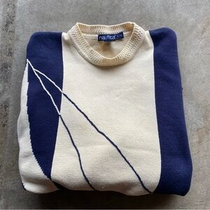 Vintage 90s Nautica Knit Sweater Beige Blue Ship Sail Boat Design